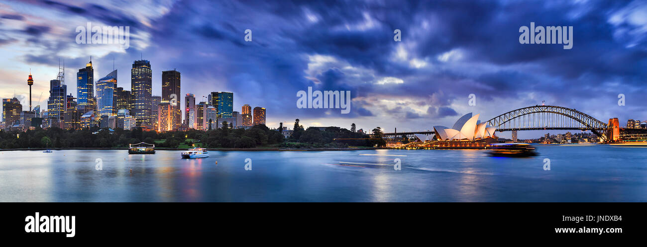 Wide panorama of Sydney CBD cityline from domain park area towards Royal Botanic Gardens and office business towers at sunset with illumination. Stock Photo