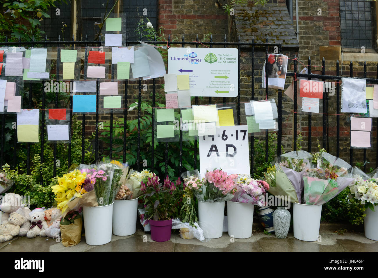 Grenfell Tower tributes near a local church in the area. Stock Photo