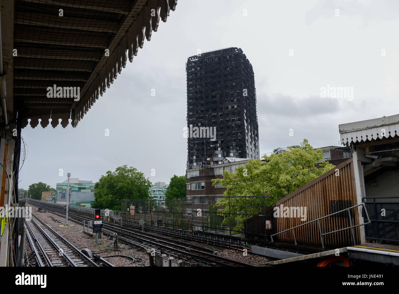 Grenfell Tower burnt remains. Stock Photo