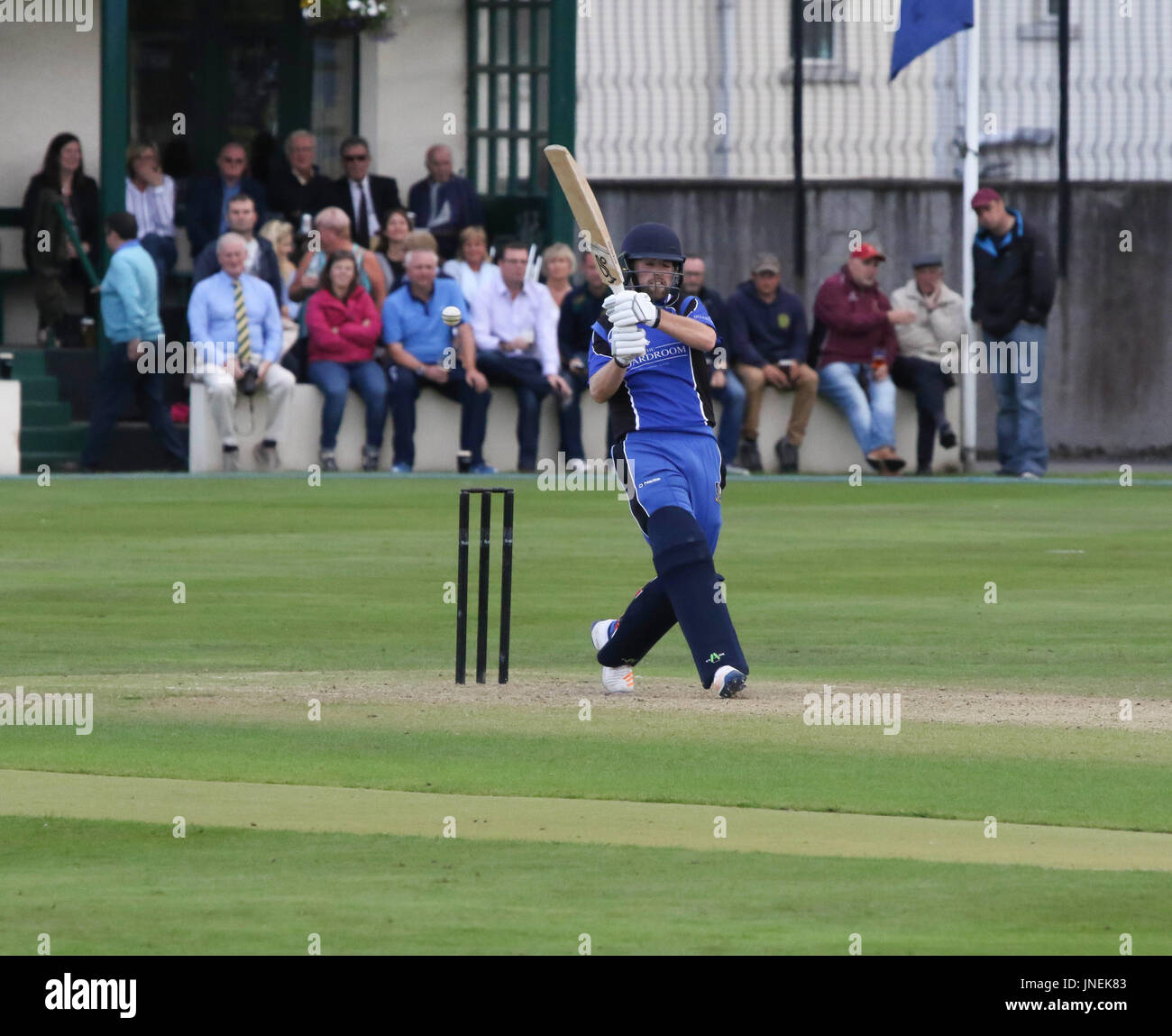 The Green, Comber, Northern Ireland, UK. 29 July 2017. CIYMS defeated Instonians by six wickets to win the Arthur J Gallagher Cup Final. CIYMS batsman Ryan Hunter pulls another shot to the boundary on his way to 65 not out. Credit: David Hunter/Alamy Live News. Stock Photo