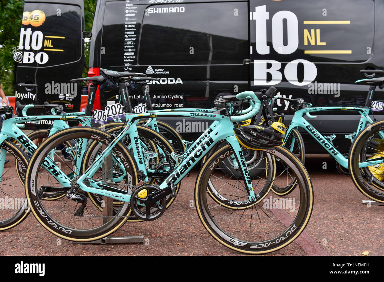 London, UK. 30 July 2017. Bikes of Team Lotto NL-Jumbo. Riders warm up  ahead of the Prudential RideLondon-Surrey Classic, Britain's first ever  men's UCI WorldTour race and the world's richest one day