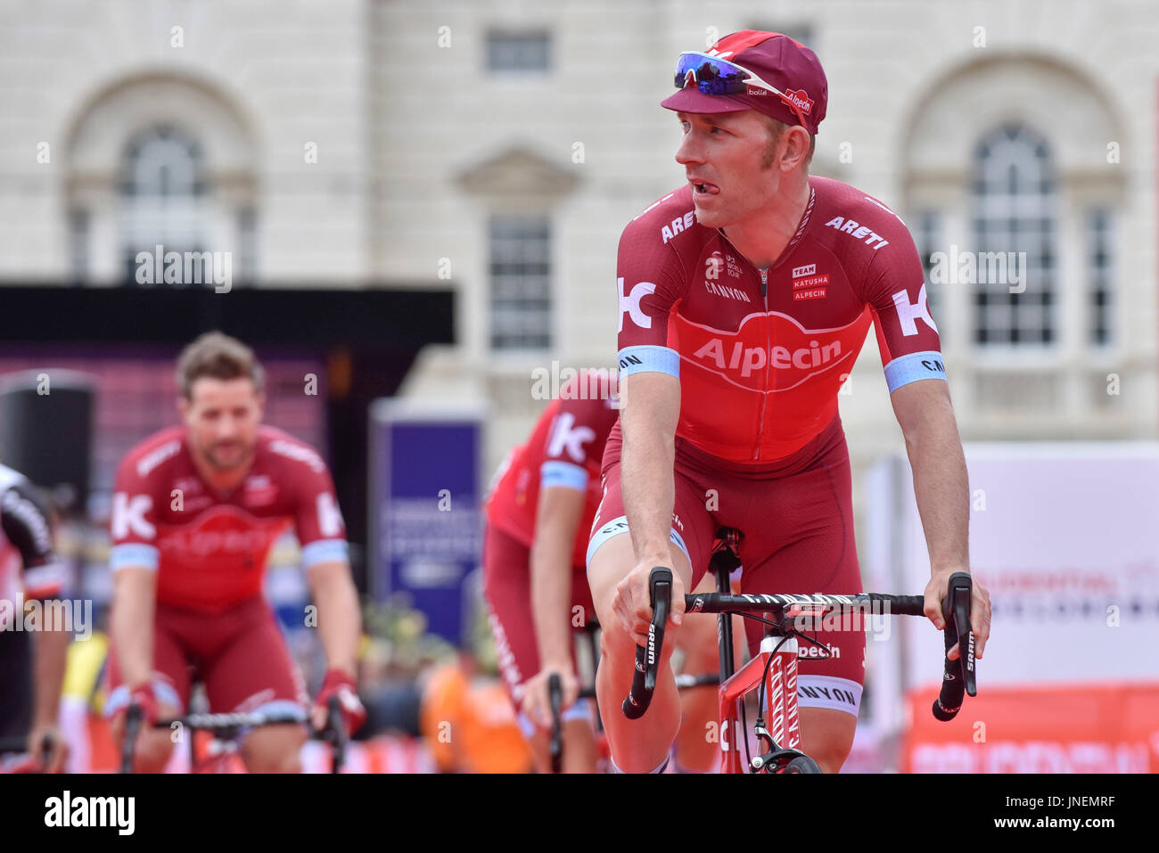 London, UK. 30 July 2017. Team Katusha Alpecin riders warm up ahead of the  Prudential RideLondon-Surrey Classic, Britain's first ever men's UCI  WorldTour race and the world's richest one day race. Starting