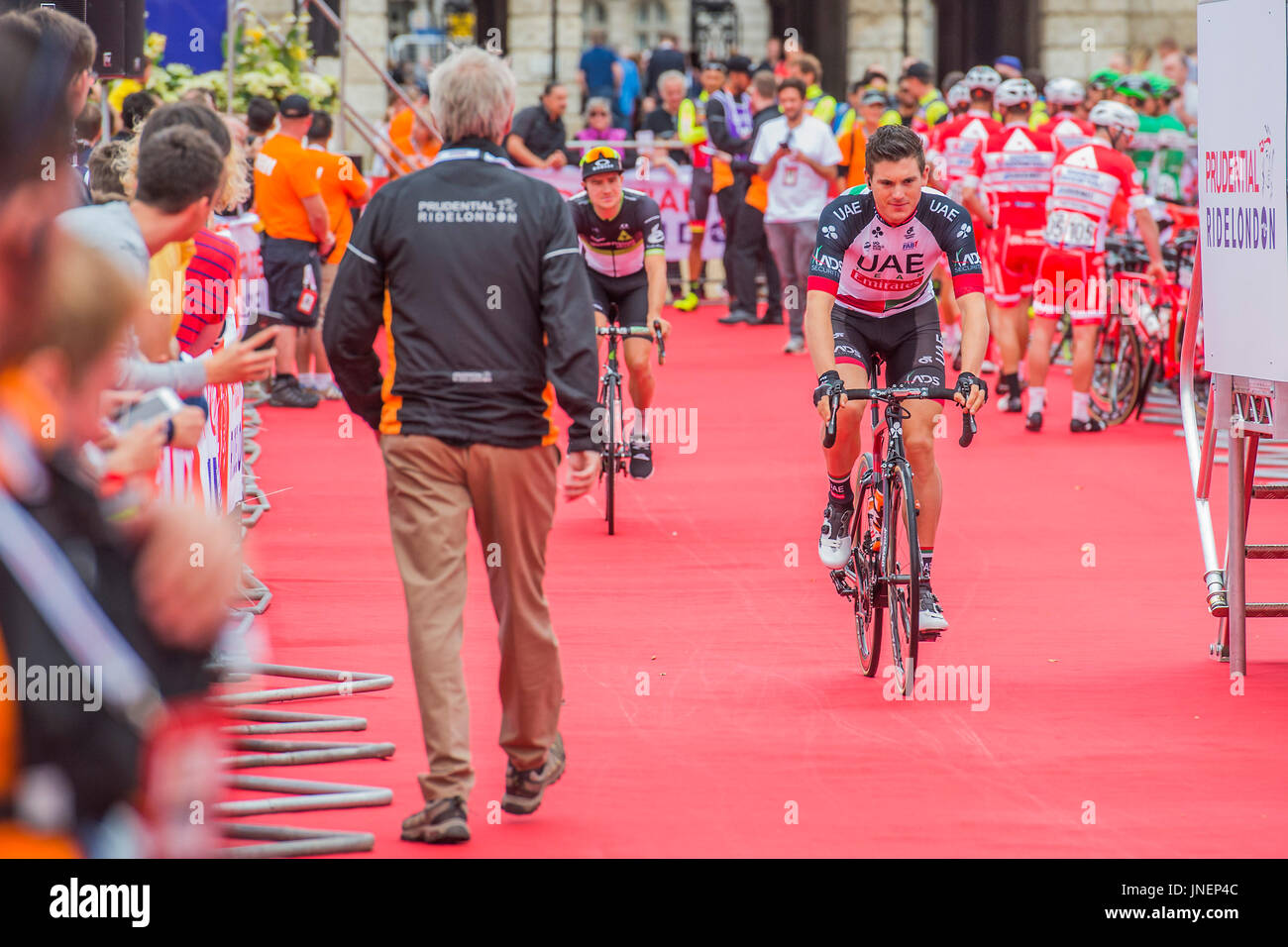 London, UK. 30th July, 2017. Ben Swift GBR of UAE Team Emirates warms up - The start of the Prudential Ride London Surrey Classic in Horse Guards Parade London Credit: Guy Bell/Alamy Live News Stock Photo