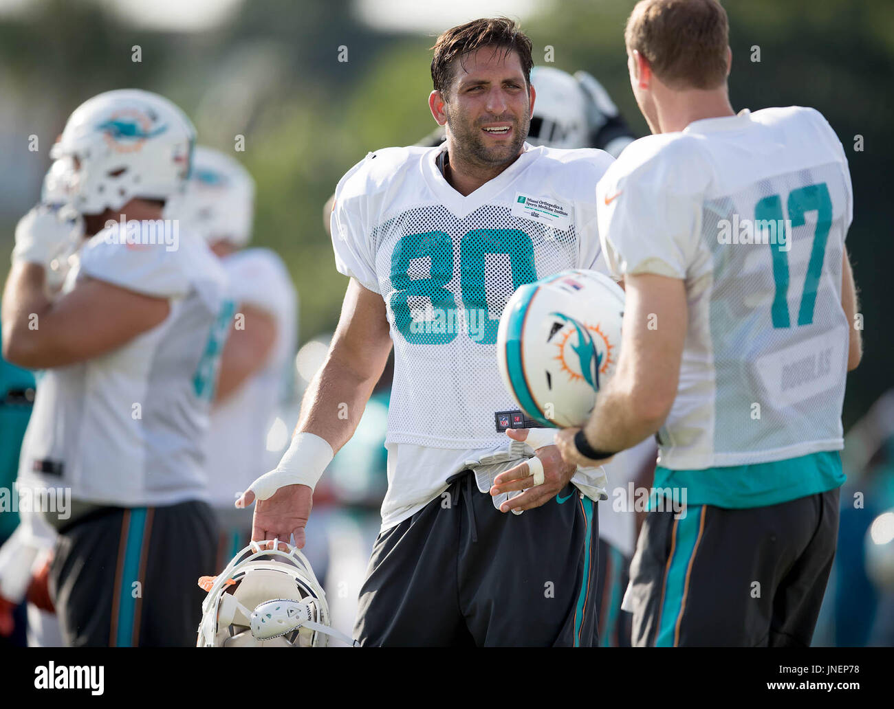 Miami Dolphins TE Anthony Fasano (80) catches a pass during practice at the  team's training camp in Nova Southeastern University in Davie, Florida.  (Credit Image: © Ron Hurst/Southcreek Global/ZUMApress.com Stock Photo 