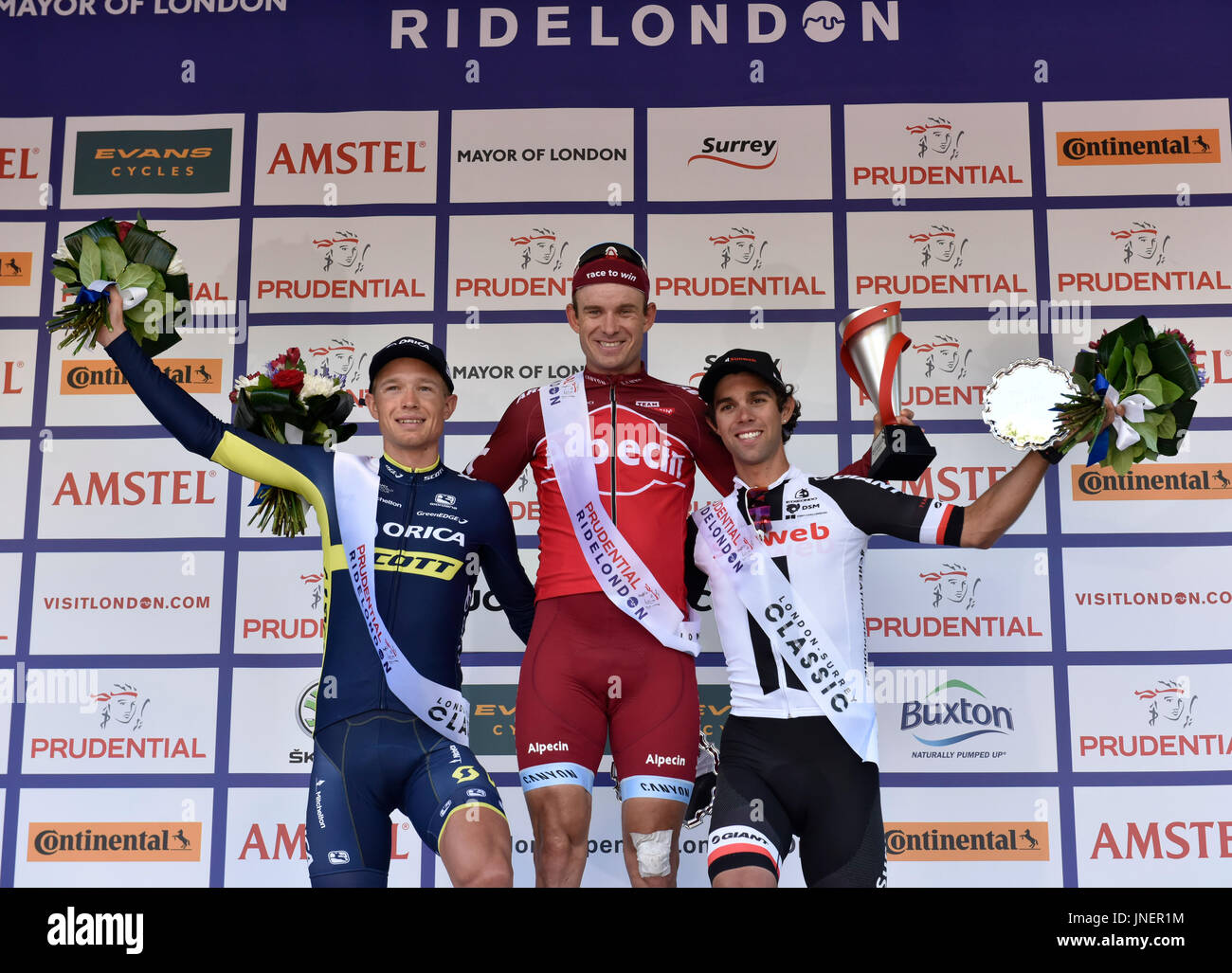 London, UK. 30th July, 2017. from left NEILSON Magnus CORT (team ORICA - SCOTT), Alexander KRISTOFF (team TEAM KA TUSHA ALPECIN) and Michael MATTHEWS (TEAM SUNWEB) at Winner's Presentation at Prudential RideLondon Classic on Sunday, July 30, 2017, LONDON ENGLAND: Photo : Taka G Wu Credit: Taka Wu/Alamy Live News Stock Photo