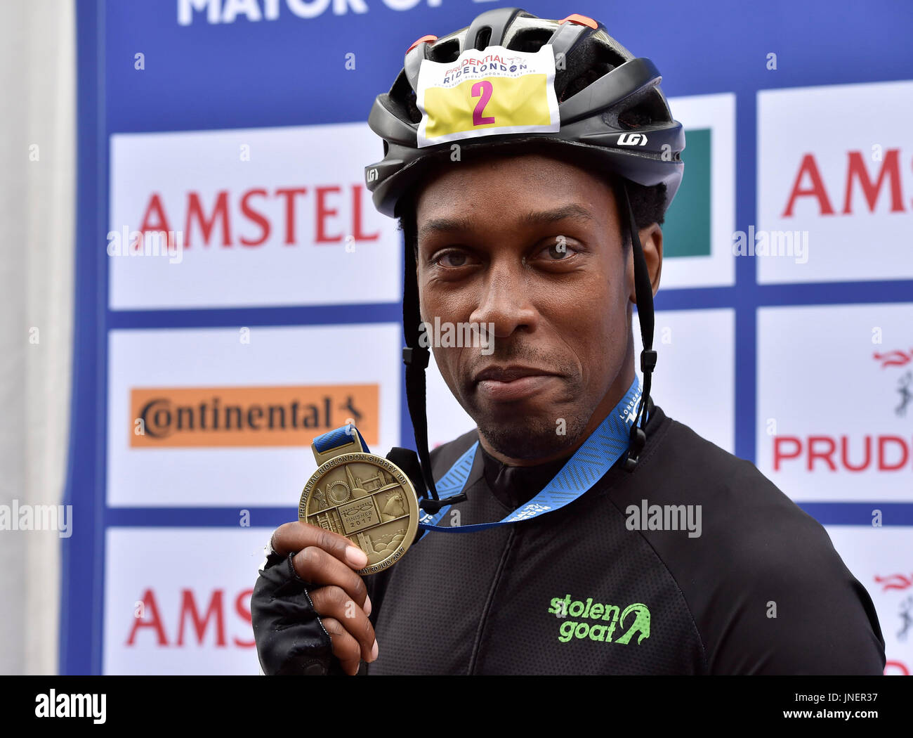 London, UK. 30th July, 2017. Lemar (English R&B singer- songwriter and record producer) poses photo for the press after completed his 100 miles ride at Prudential RideLondon Classic on Sunday, July 30, 2017, LONDON ENGLAND: Photo : Taka G Wu Credit: Taka Wu/Alamy Live News Stock Photo