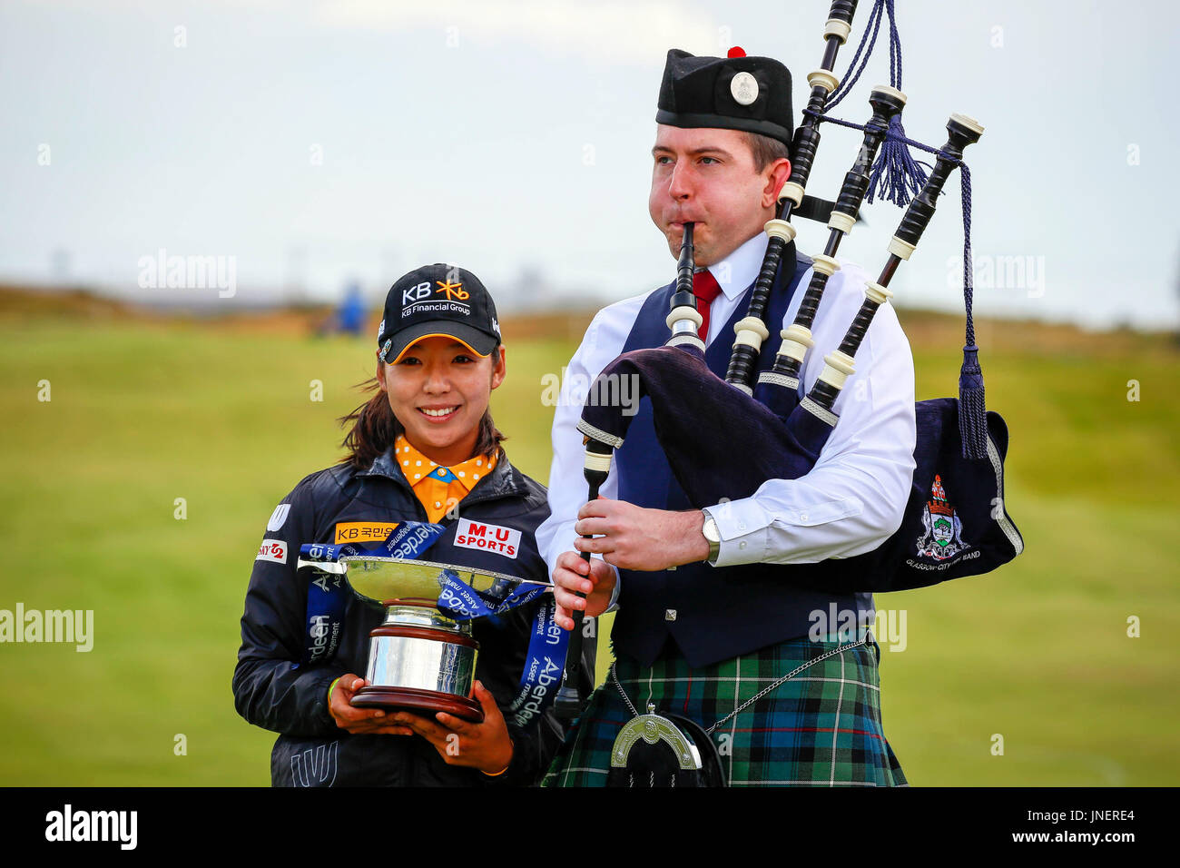 Irvine, Scotland, UK. 30th July, 2017. For the 4th day of the Aberdeen Asset Management Open Golf Championship, the competition was marked by strong gusty wind conditions. HYANG MI LEE, from Korea started the day 6 shots behind the leader, played exceptional golf and finished the winner by scoring a total for the competition of 6 under over the 4 days. Credit: Findlay/Alamy Live News Stock Photo