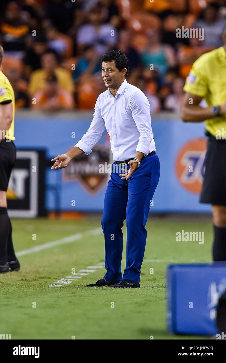 29 July 2017 - Dynamo head coach Wilmer Cabrera pleads to his team from the sideline during the Major League Soccer game between the Portland Timbers and the Houston Dynamo at BBVA Compass Stadium in Houston, Texas. Chris Brown/CSM Stock Photo