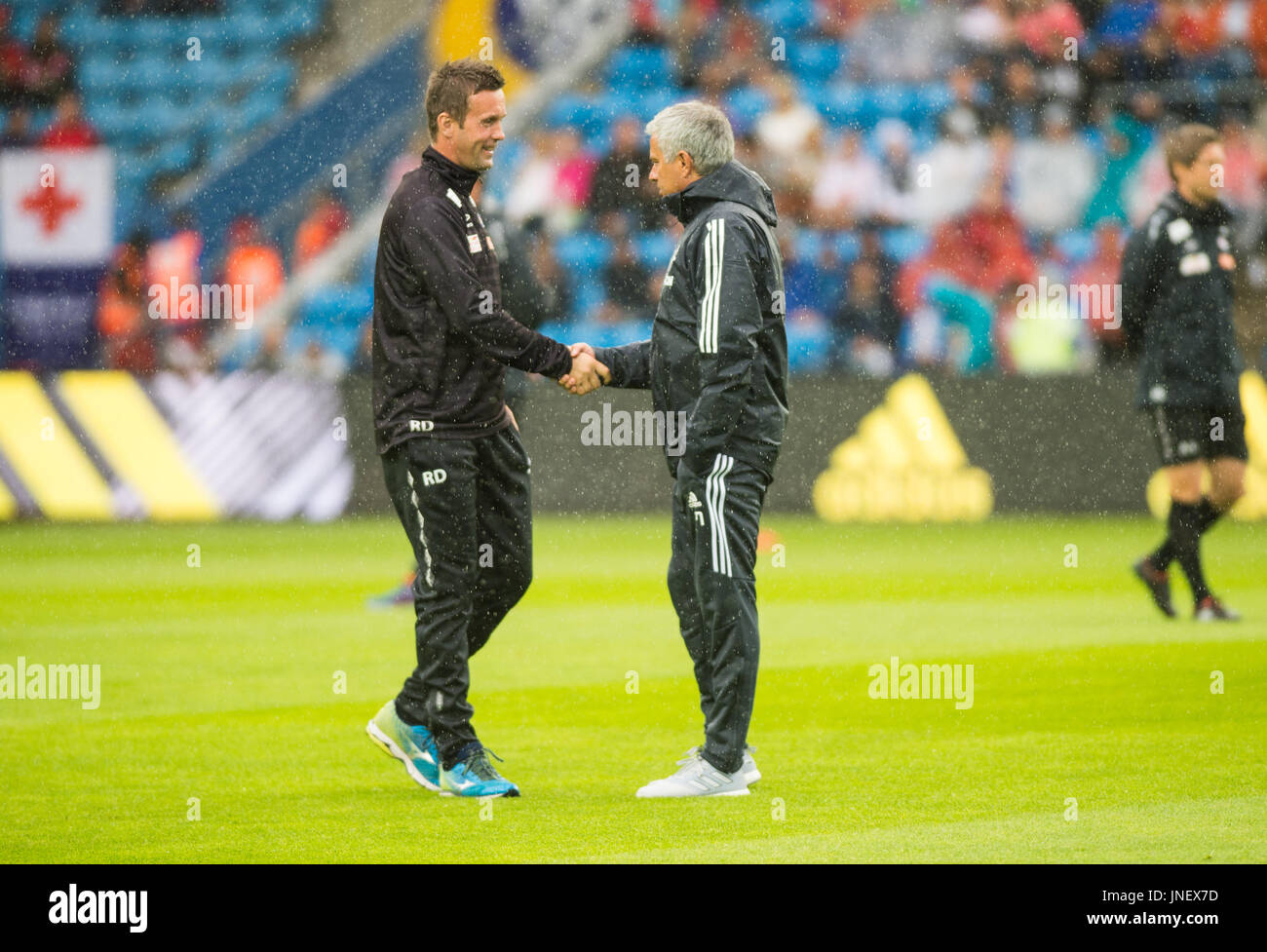Oslo, Norway. 30th July, 2017. Norway, Oslo – July 30th 2017. Manchester United manager Jose Mourinho greets Vålerenga manager Ronny Deila during the football club friendly between Vålerenga and Manchester United at Ullevaal Stadion. Credit: Gonzales Photo/Alamy Live News Stock Photo