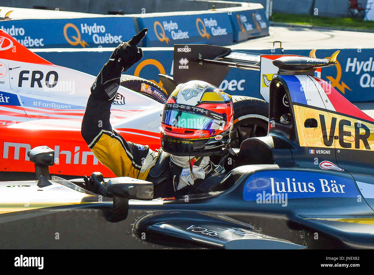 Montreal, Canada. 30th July, 2017. Winner of the race Techeetah pilot Jean-Eric Vergne (25) celebrates with his arm in the air during the Montreal Formula E ePrix in Montr © al, Qu © bec. David Kirouac/CSM Credit: Cal Sport Media/Alamy Live News Stock Photo