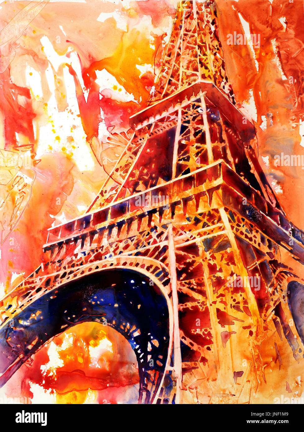 Watercolor painting of the iron lattice of the Eiffel Tower in Paris, France on YUPO synthetic paper by Raleigh, NC artist Ryan Fox Stock Photo