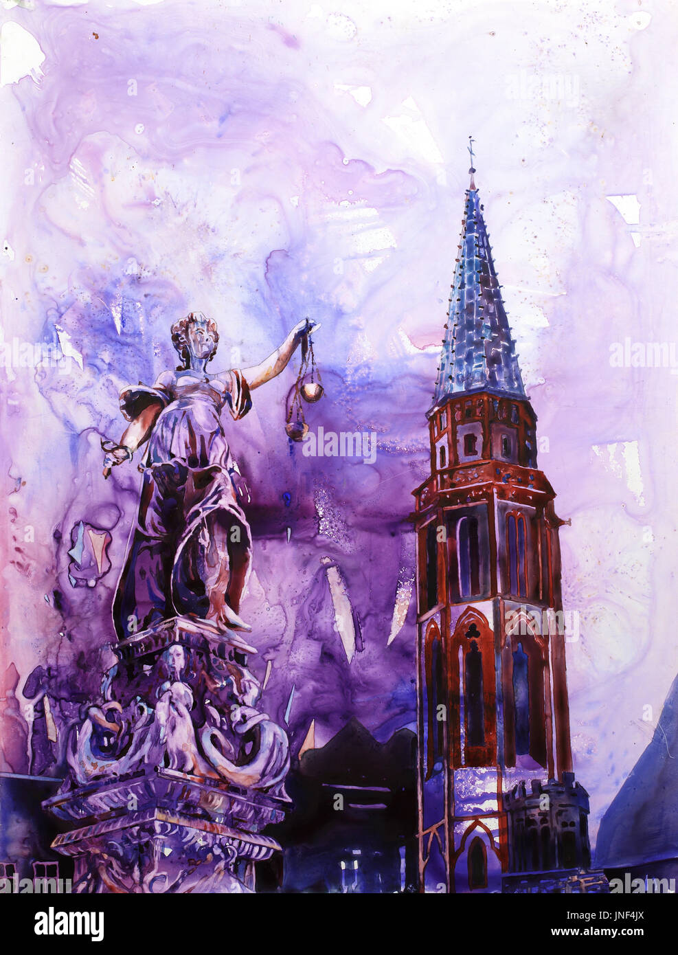 Watercolor painting of Statue of Justice and bell-tower of Cathedral in downtown Frankfurt, Germany.  Statue in old town Frankfurt, Germany. Stock Photo