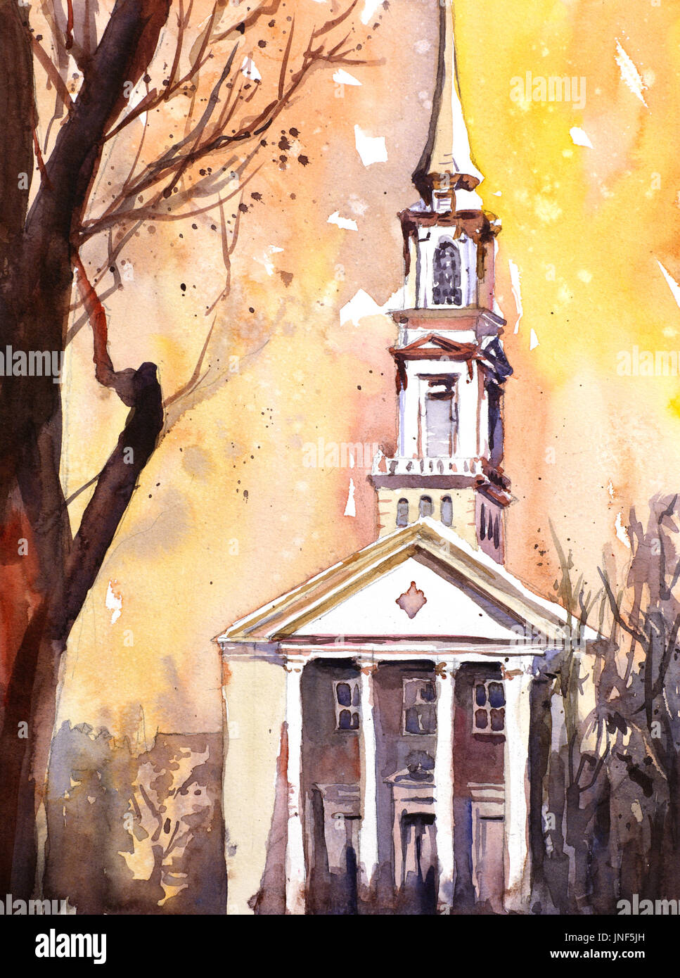 Watercolor painting of the Hayes-Barton church in Raleigh, North Carolina Stock Photo