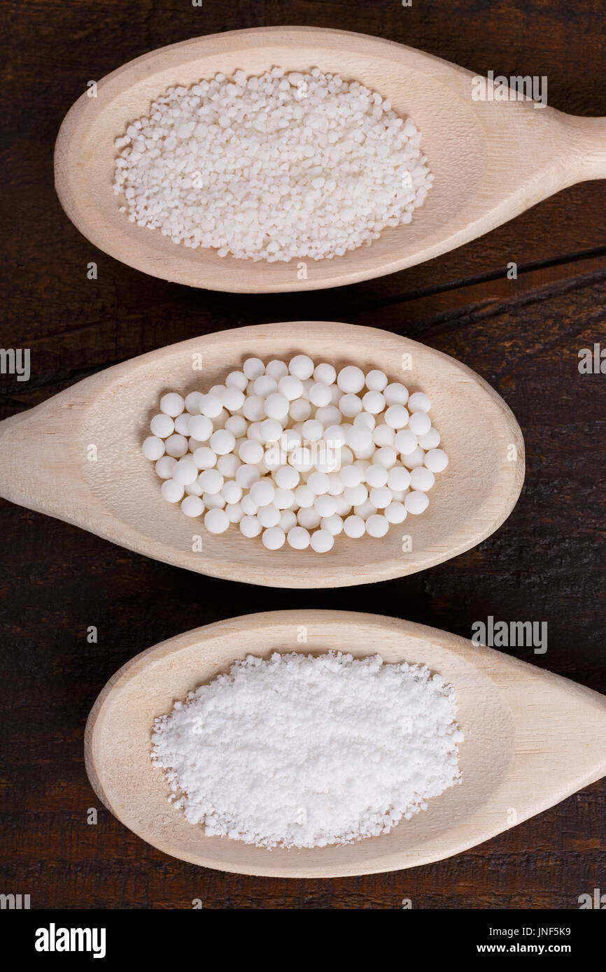 Different types of Granulated cassava (tapioca) on wooden background