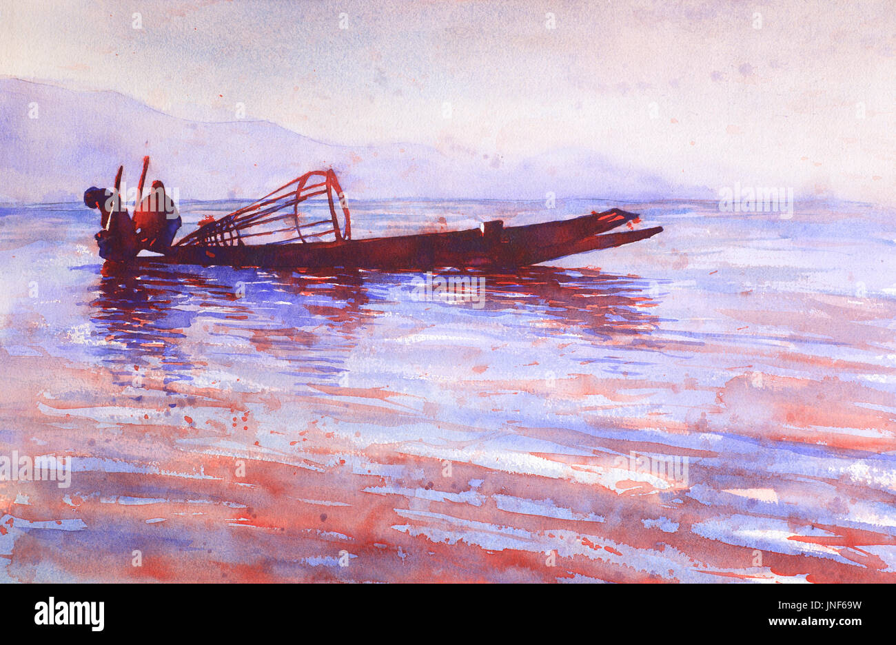 Watercolor painting of Intha fishermen on Inle Lake- Myanmar