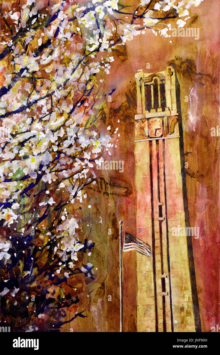 Watercolor painting of the North Carolina Statue University Bell-Tower in Raleigh, NC at dusk. NCSU Bell-Tower at sunset in the city of Raleigh Stock Photo