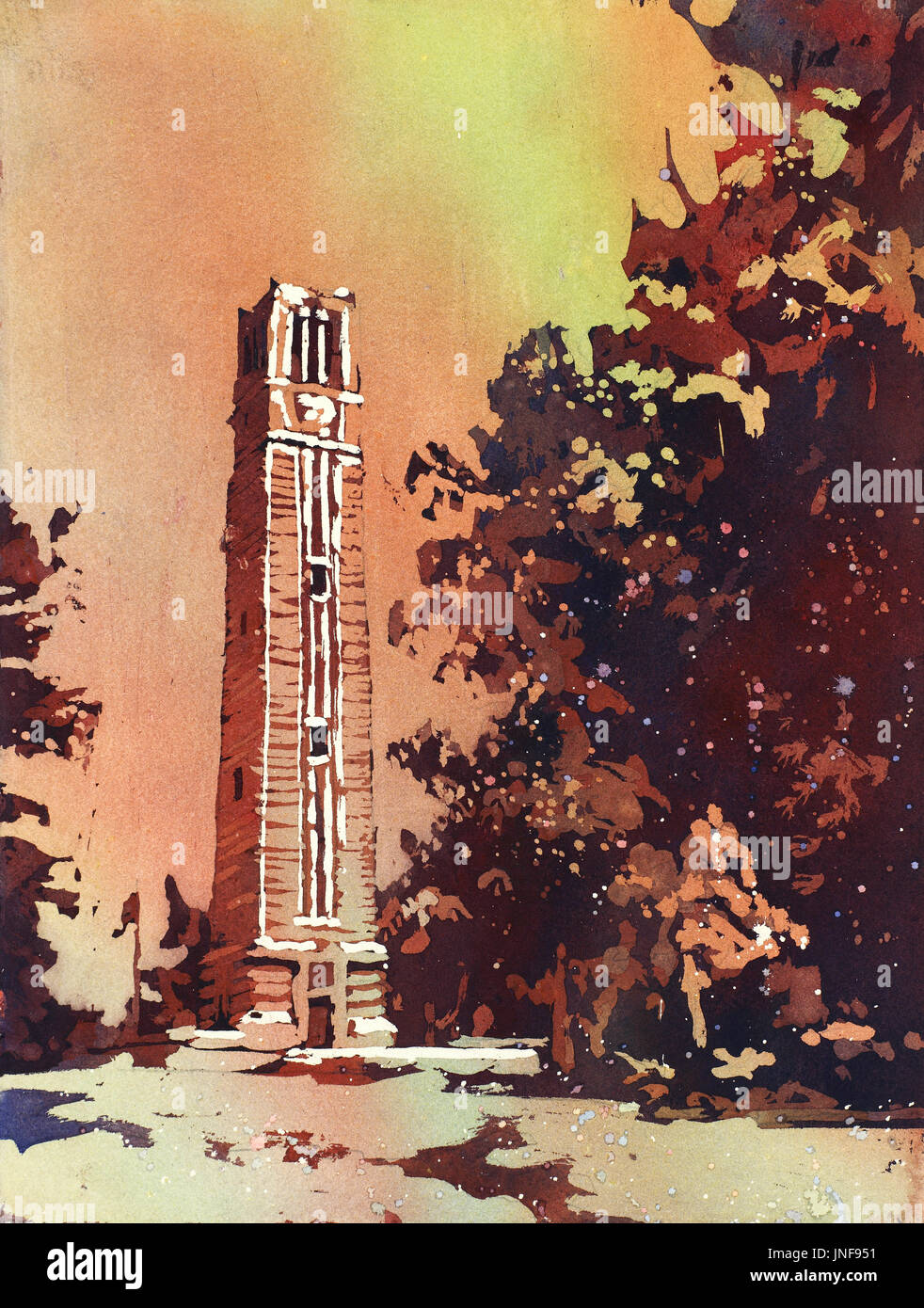 Watercolor painting of the North Carolina Statue University Bell-Tower in Raleigh, NC at dusk. NCSU Bell-Tower at sunset in the city of Raleigh Stock Photo