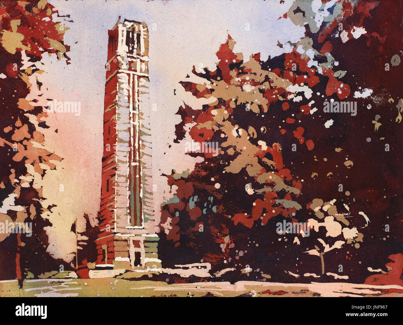 Watercolor painting of the North Carolina Statue University Bell-Tower in Raleigh, NC at dusk. NCSU Bell-Tower at sunset in the city of Raleigh Stock Photo