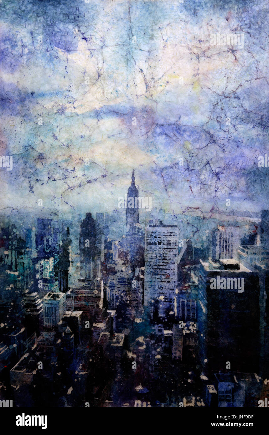 Watercolor batik painting of Empire State building rising above buildings  of New York City Stock Photo - Alamy