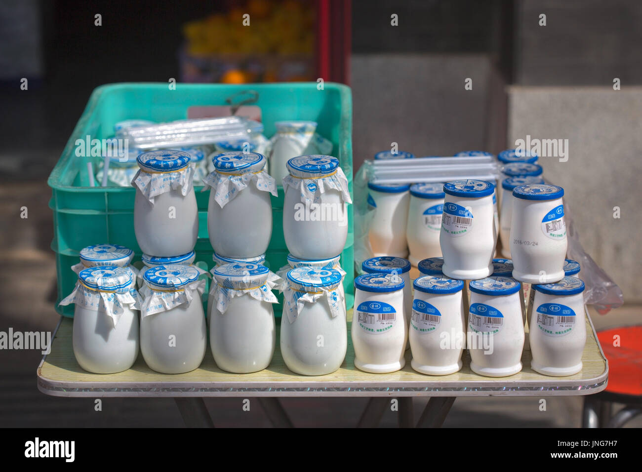 Traditional Beijing yogurt on street stall Stock Photo