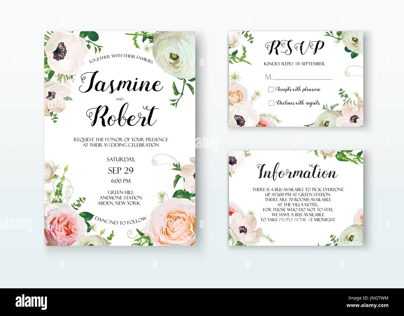 Wedding Invitation invite card Design with Rose Anemone Ranunculus ...