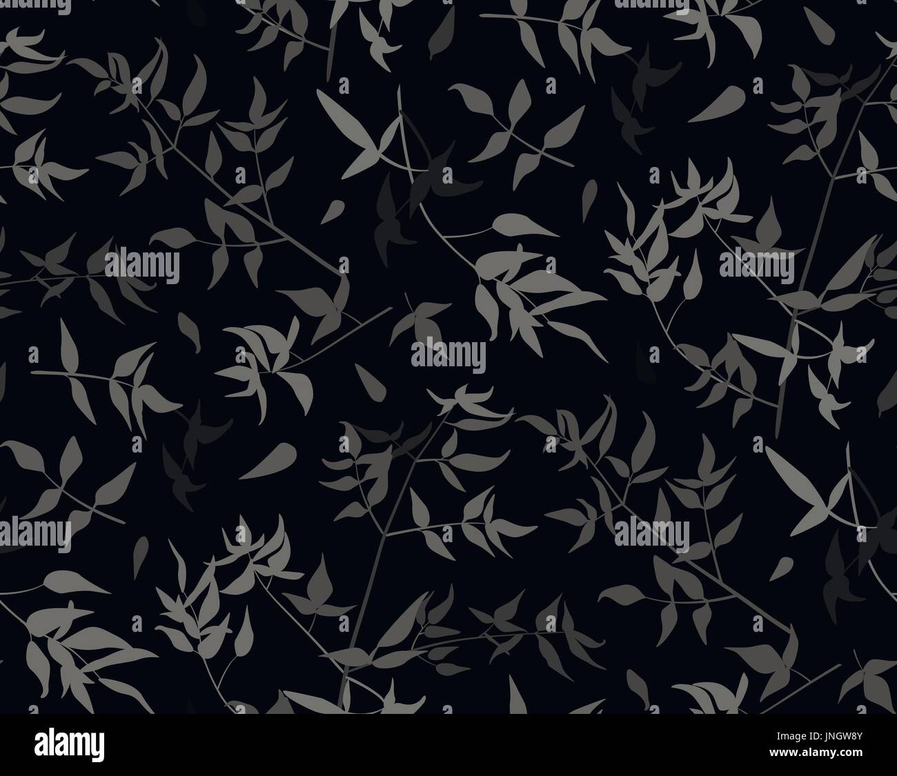 Black and white Seamless pattern monochrome Vine leaf different foliage natural gray leaves silhouette. Vector forest greenery decorative beautiful el Stock Vector