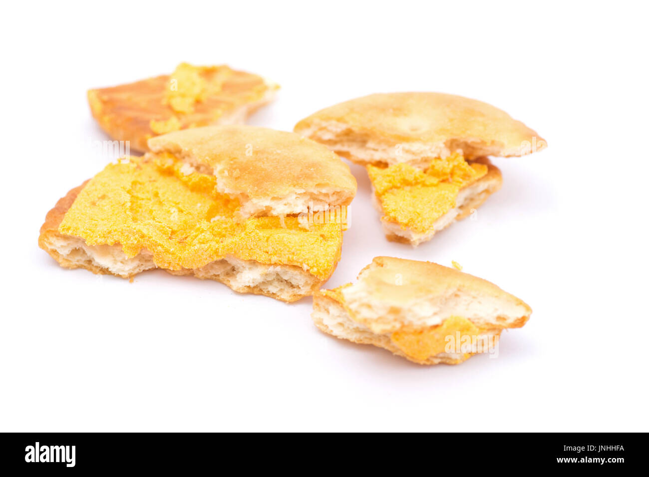 Broken sandwich cheese cream cracker isolated on white background Stock ...