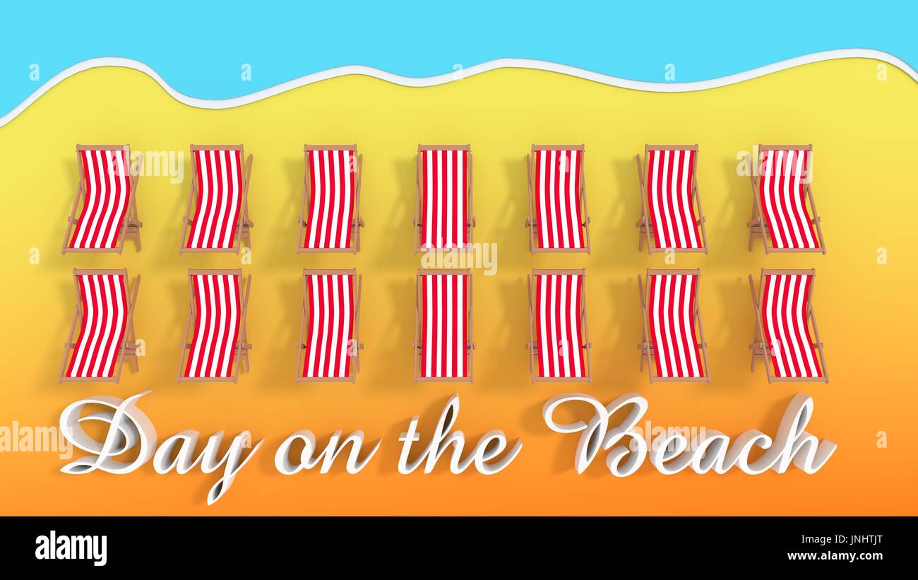 Day on the beach - Beach with rows of Beach chairs - 3d rendering Stock Photo