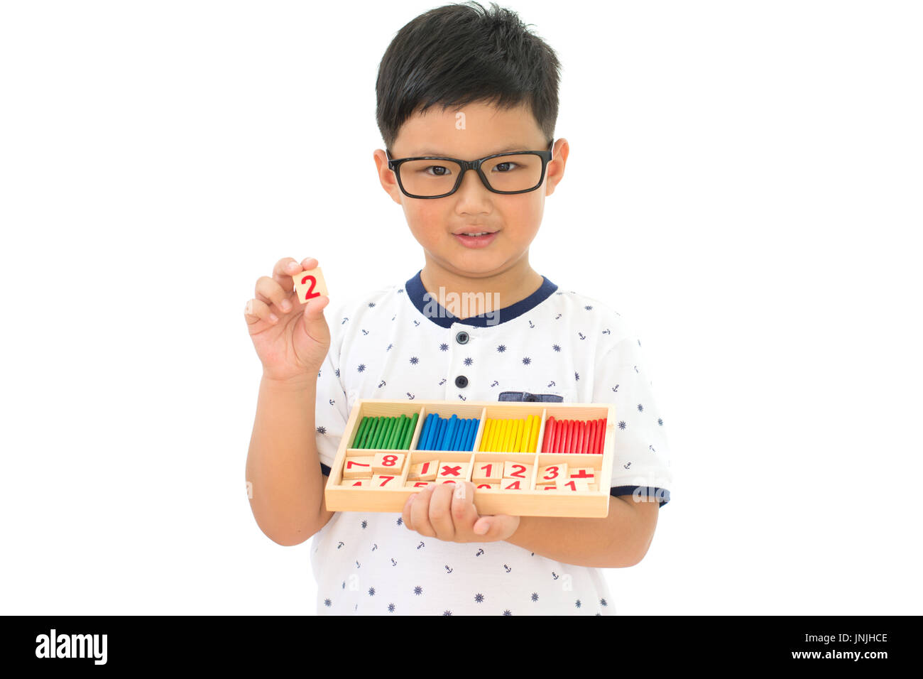 Cute little boy holding educational kids math isolated on white ...