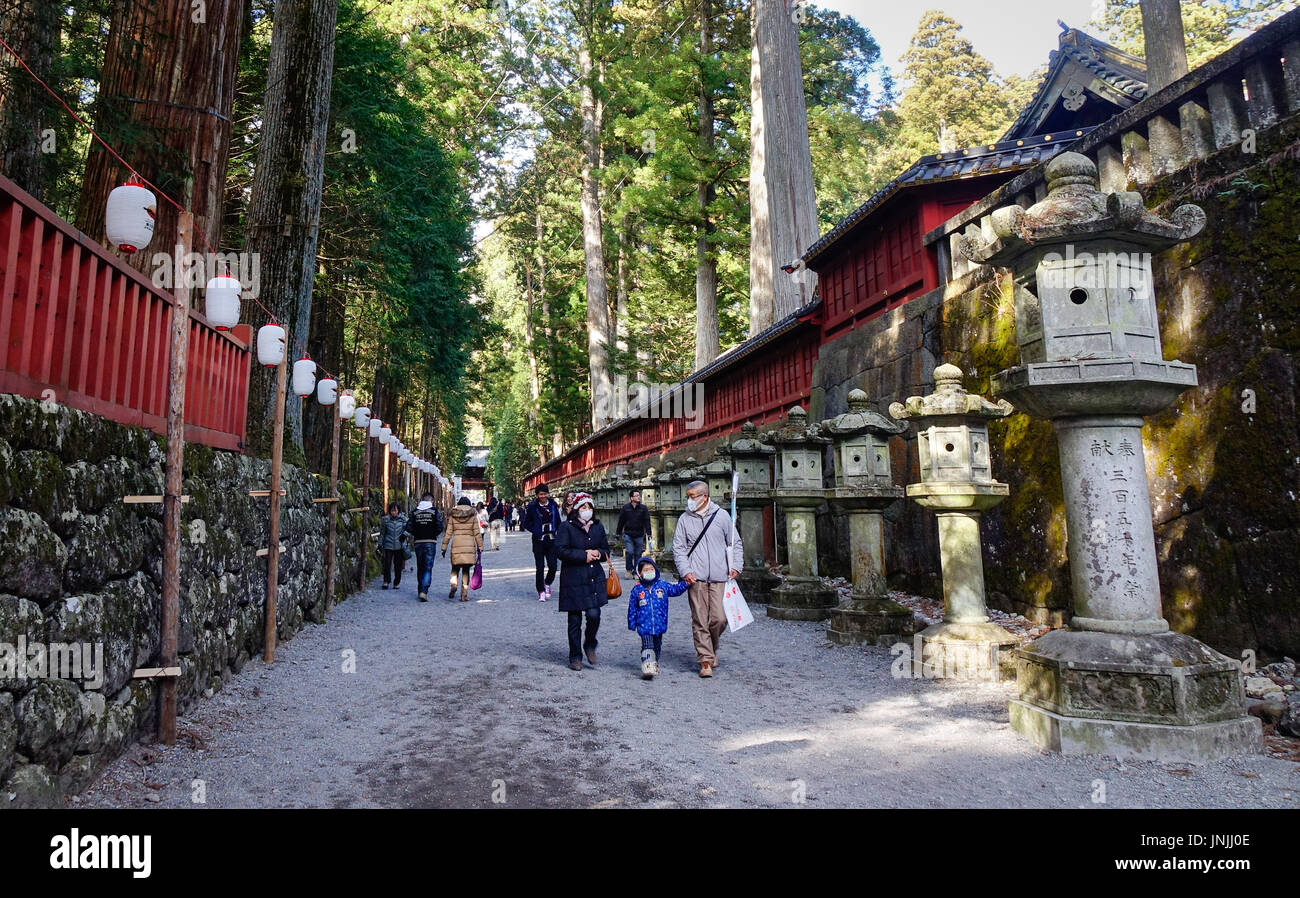 Nikko, Japan - Jan 2, 2016. People coming to the Toshogu Shrine in Nikko, Japan. Toshogu is a UNESCO Heritage site and are categorized as the National Stock Photo