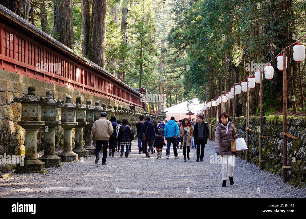 Nikko, Japan - Jan 2, 2016. People coming to the Toshogu Shrine in Nikko, Japan. Toshogu is a UNESCO Heritage site and are categorized as the National Stock Photo