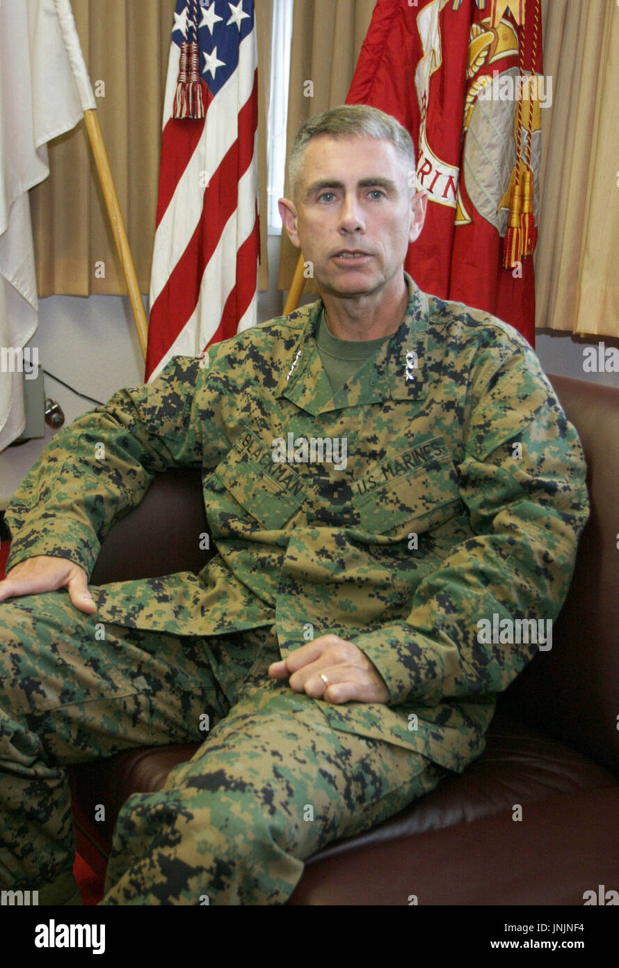 NAHA, Japan - U.S. Marine Corps Lt. Gen. Robert Blackman, in charge of U.S. forces in Okinawa Prefecture, speaks with Kyodo News during an interview in Camp Courtney in the prefecture on Dec. 20. (Kyodo) Stock Photo