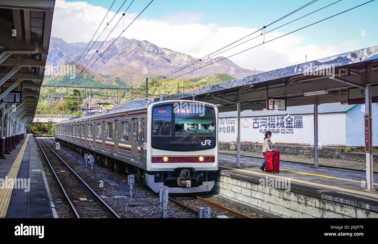 Nikko, Japan Nov 3, 2014. A train at the JR station in Nikko, Japan. Rail transport in Japan