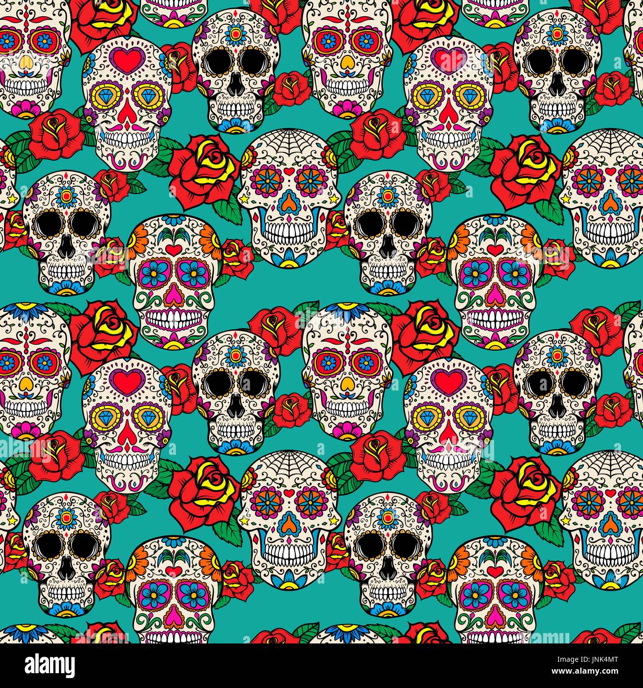 Seamless pattern with sugar skulls and roses. Dia de los muertos. Dead Day. Vector illustration Stock Vector
