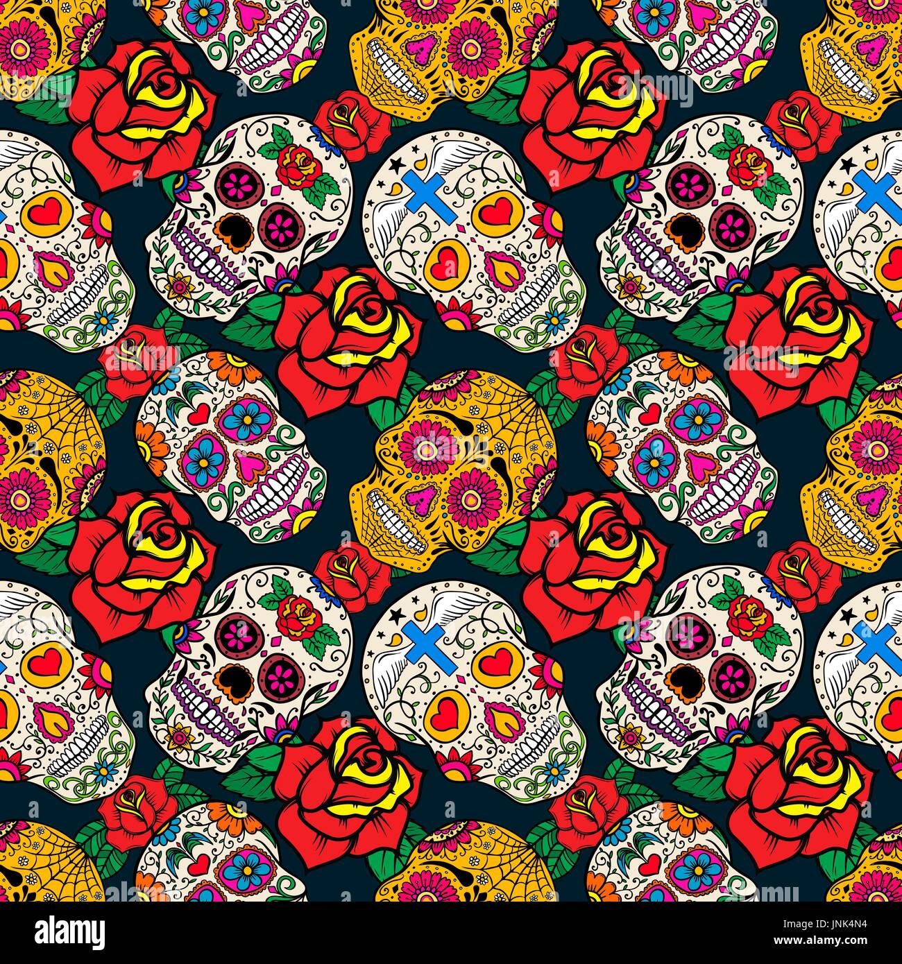 Seamless pattern with sugar skulls and roses. Dead Day. Dia de los Muertos. Vector illustration Stock Vector
