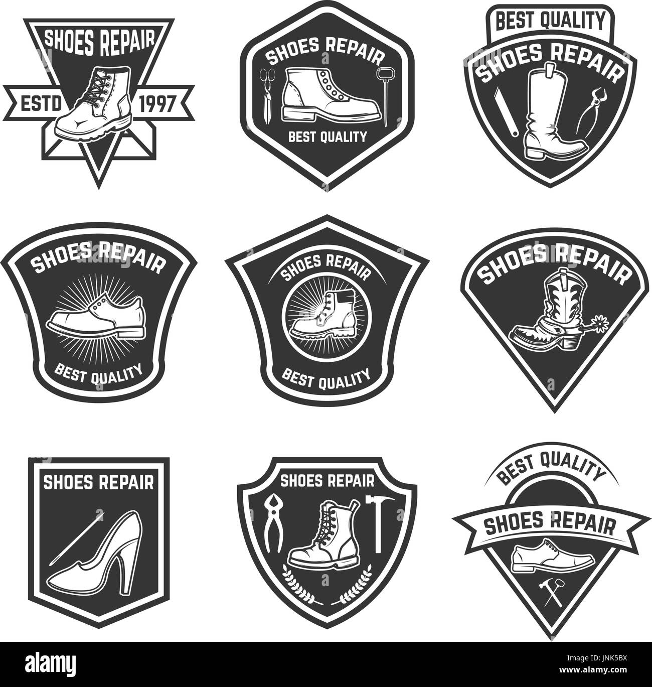 Set of shoe repair emblems isolated on white background. Design elements for logo, label, emblem, sign, badge. Vector illustration Stock Vector