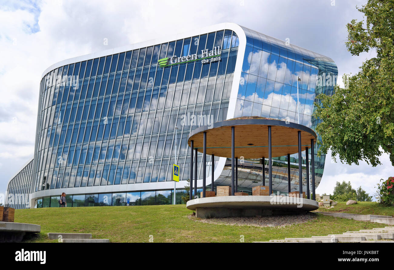 VILNIUS, LITHUANIA - JULY  06, 2017:  New futuristic buildings of the business center Green Hall SBA Group on the embankment of the Neris River. SBA H Stock Photo