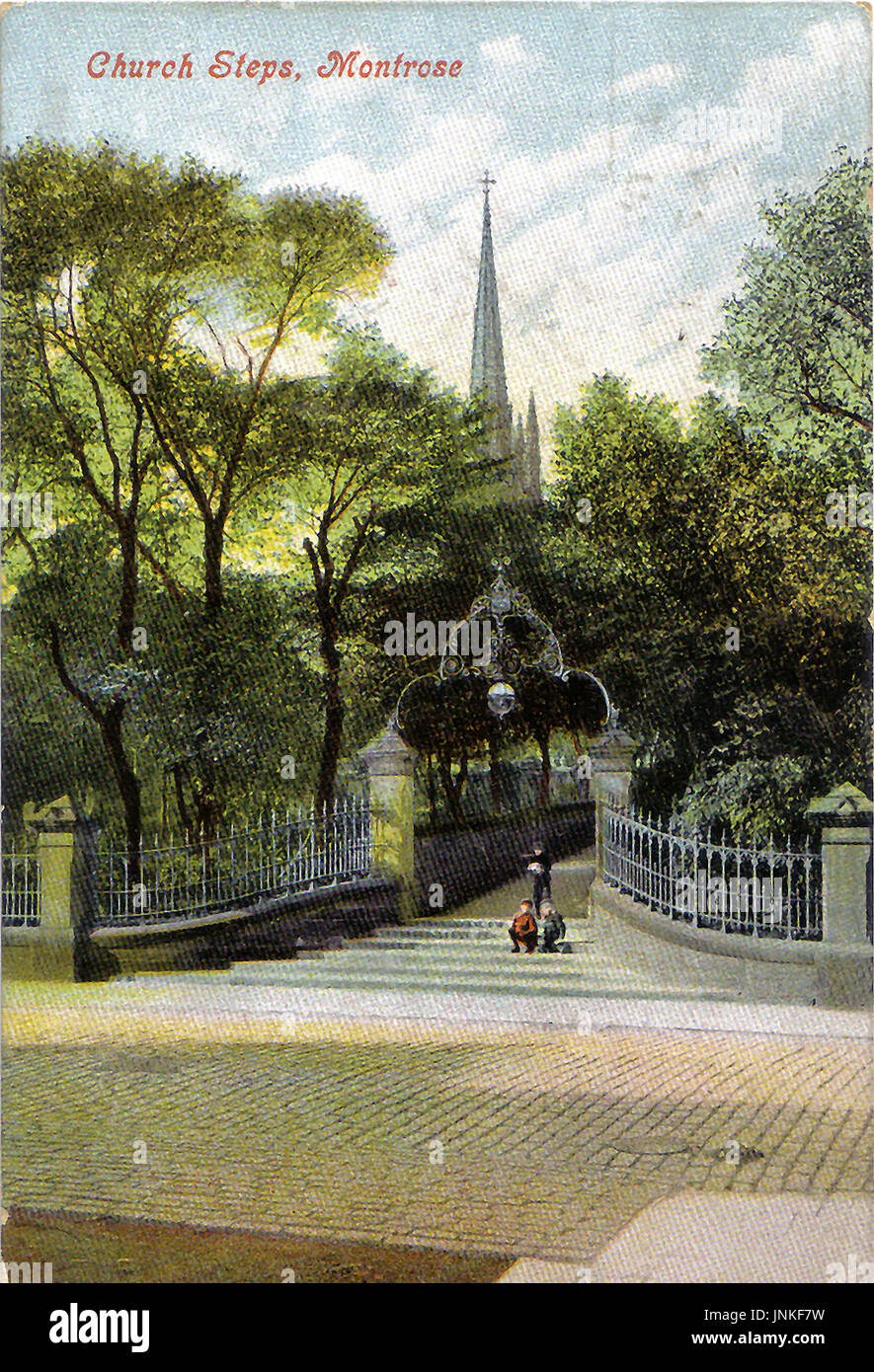 Vintage  colour postcard - Church Steps, Montrose, Angus, Scotland circa 1910 Stock Photo