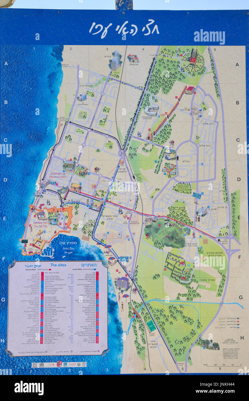 tourist information map in the old town of akko or Acre, a city in northern Israel with a history spanning centuries. It also played a major role in  Stock Photo
