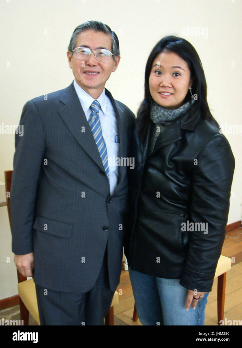 SANTIAGO, Chile - Former Peruvian President Alberto Fujimori (L) poses with his daughter Keiko in Santiago on May 20. Fujimori was released on bail May 18 as court hearings continue in Santiago over Peru's request for his extradition. (Kyodo) Stock Photo