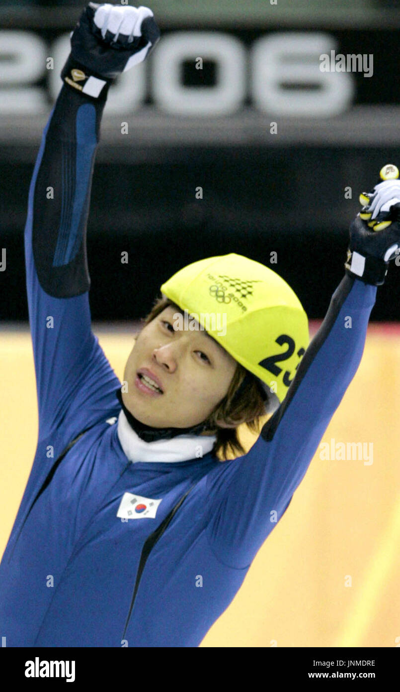 TURIN, Italy - Ahn Hyun Soo of South Korea reacts after winning the men's 1,500-meter title in the Winter Olympic short track speed skating at the Palavela skating rink in Turin on Feb. 12. Ahn took gold in a time of 2 minutes, 25.341 seconds. (Kyodo) Stock Photo