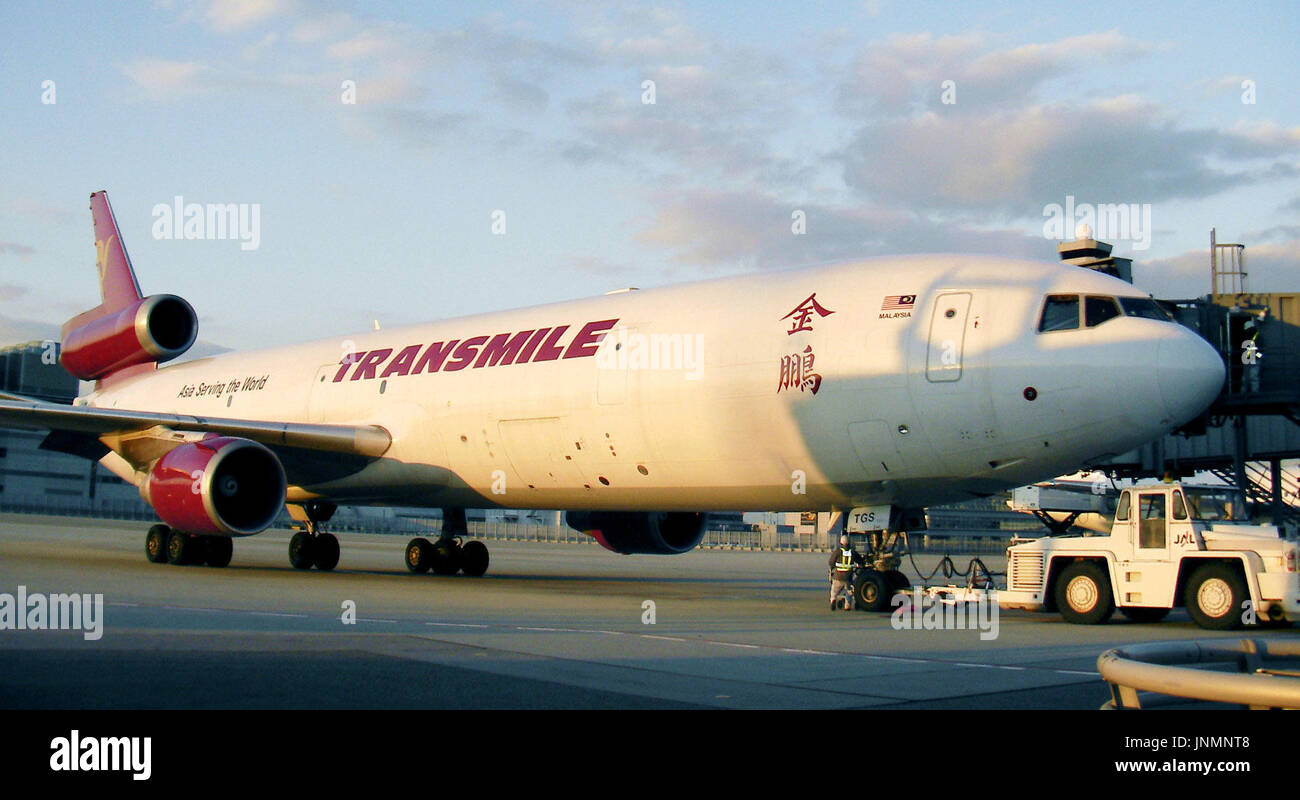 Tokyo Japan The Mcdonnell Douglas Md 11 Cargo Plane Of The Malaysia Based Transmile Air Services Parked At Kansai International Airport In Osaka On Jan 10 After Making An Emergency Landing After The
