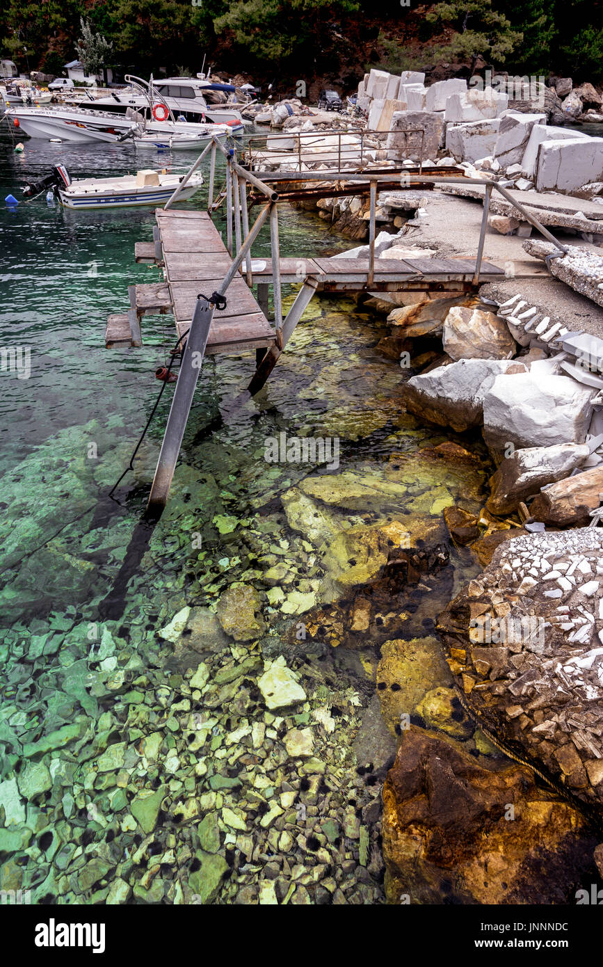 Ramshackle Harbour at Skala Panagia, Thassos. Stock Photo