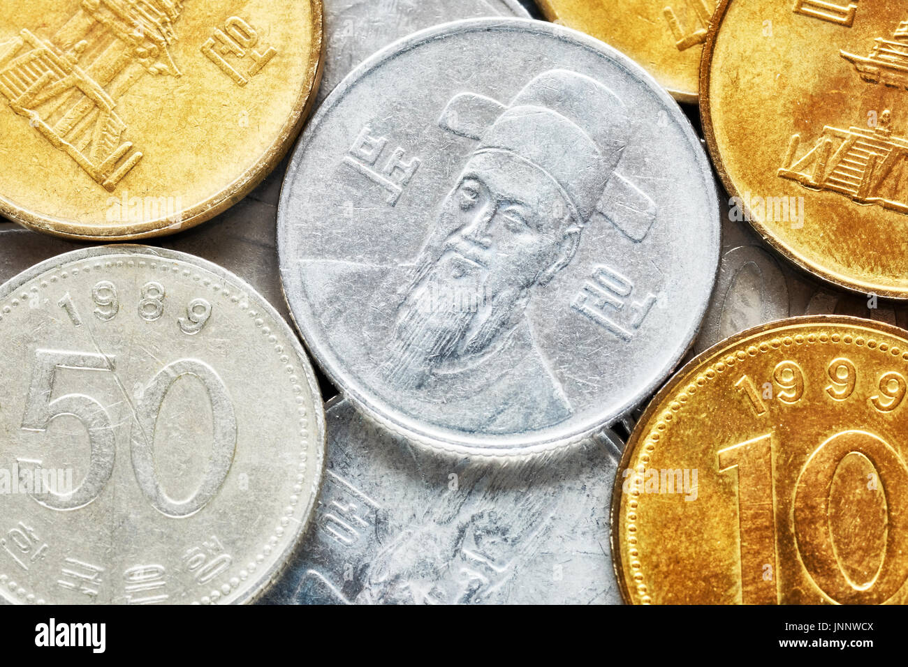 Extreme close up picture of South Korean won coins, shallow depth of field. Stock Photo