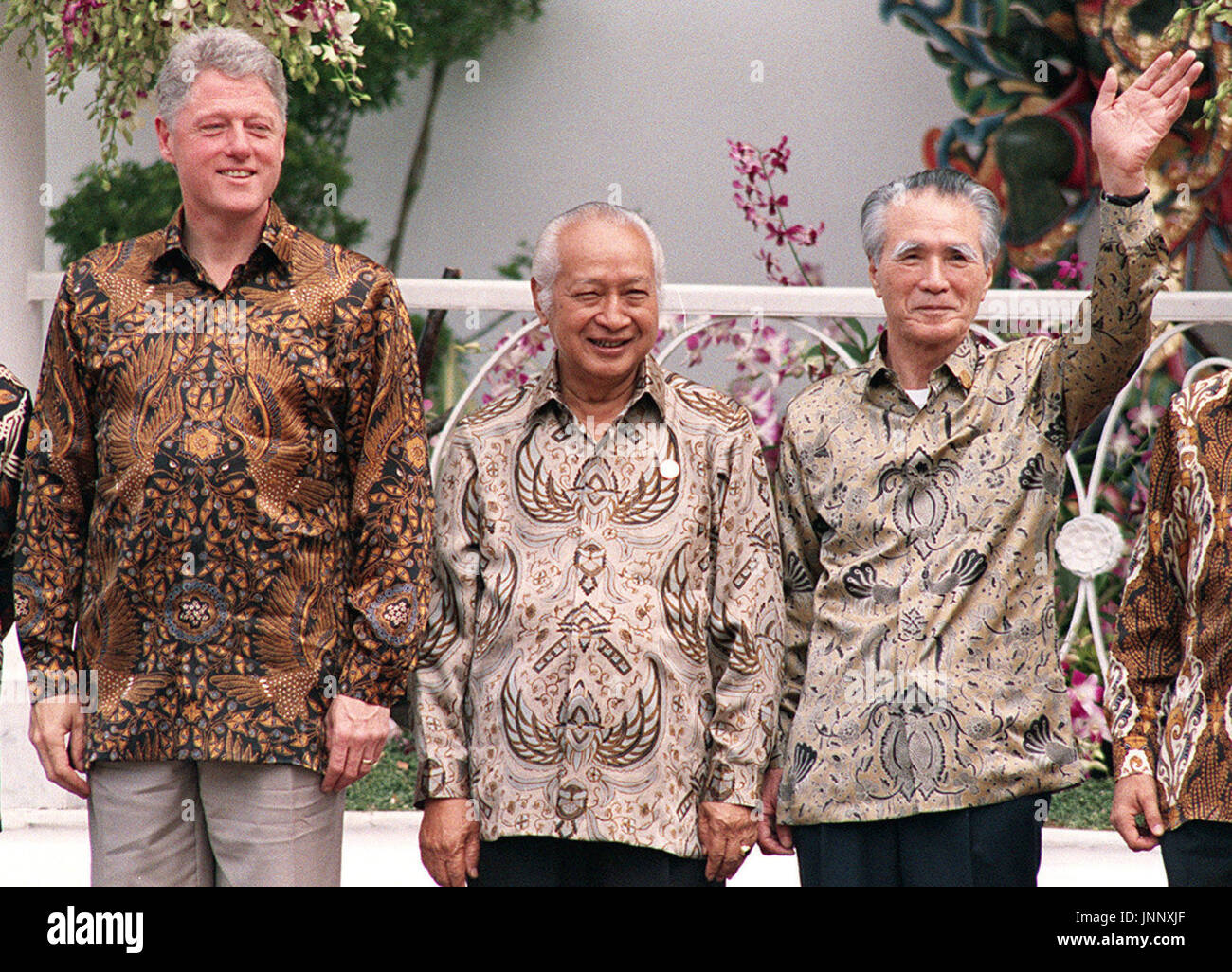 JAKARTA, Indonesia - Indonesian President Suharto (C) poses with U.S. President Bill Clinton (L) and Japanese Prime Minister Tomiichi Murayama (R) prior to an informal APEC summit at the Bogor Palace near Jakarta in November 1994. Suharto who shaped and ruled the country for 32 years through ruthless but quiet authoritarianism, died on Jan. 27 at age 86. (Kyodo) Stock Photo