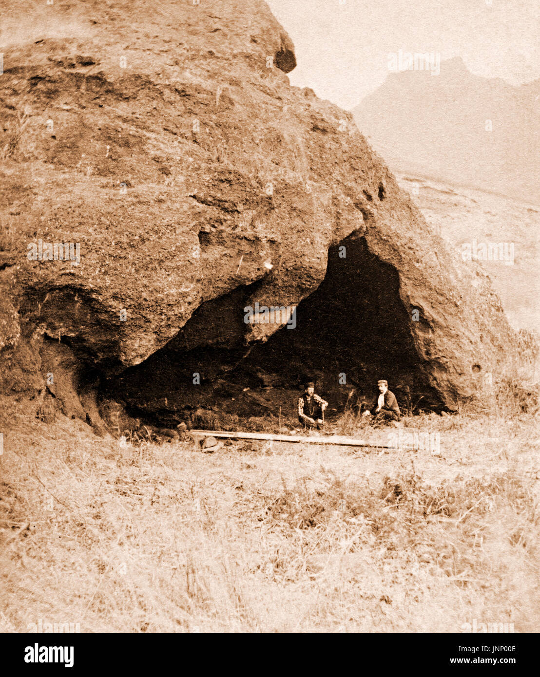 Selkirk's Cave, Island of Juan Fernandez off the coast of Chile, scene of the story of Robinson Crusoe based on Alexander Selkirk's marooned stay of over four years, photo shot in 1874 Stock Photo