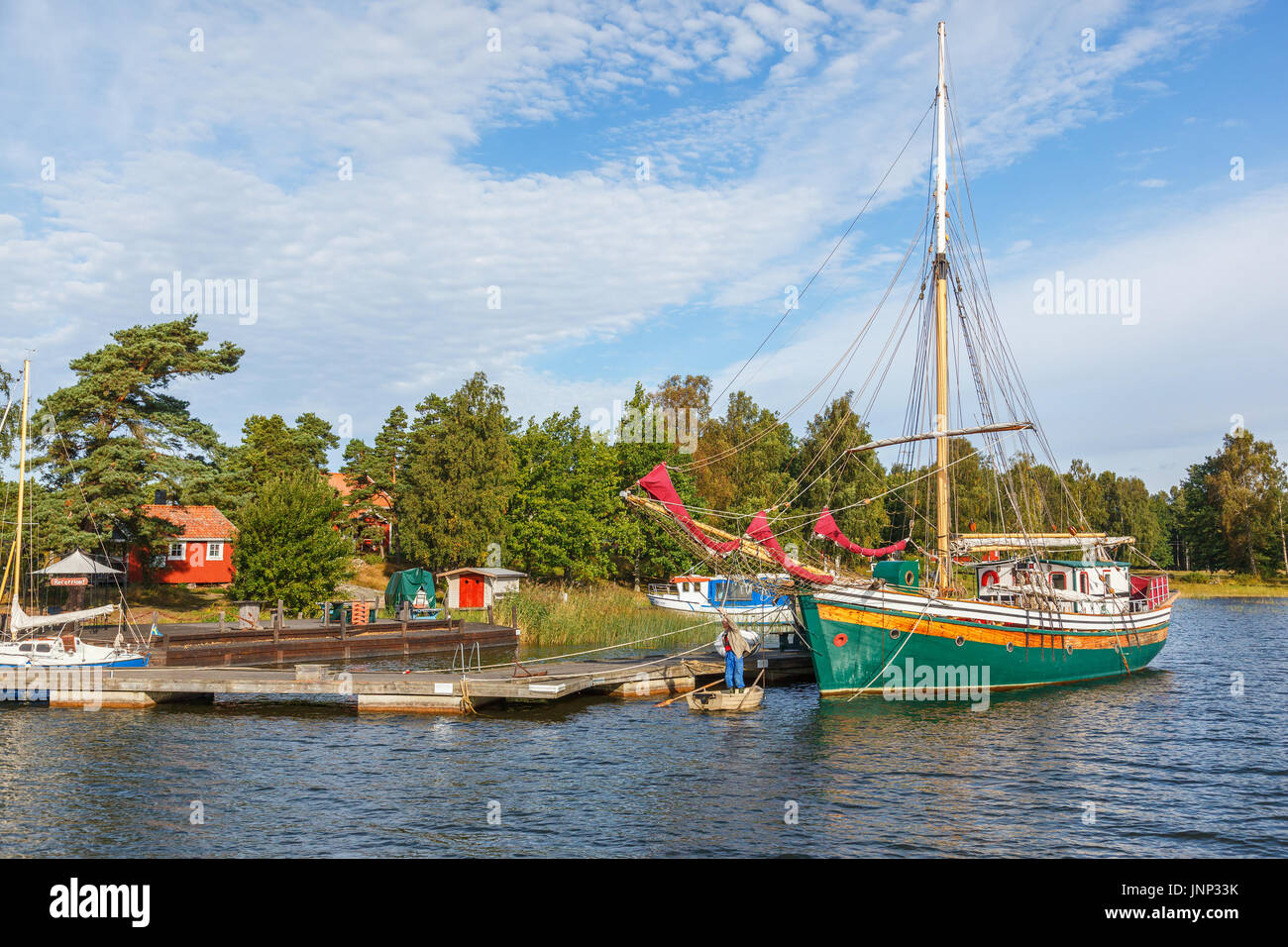 Sailing ships lying in the harbor on Luro in the lake Vanern in Sweden Stock Photo