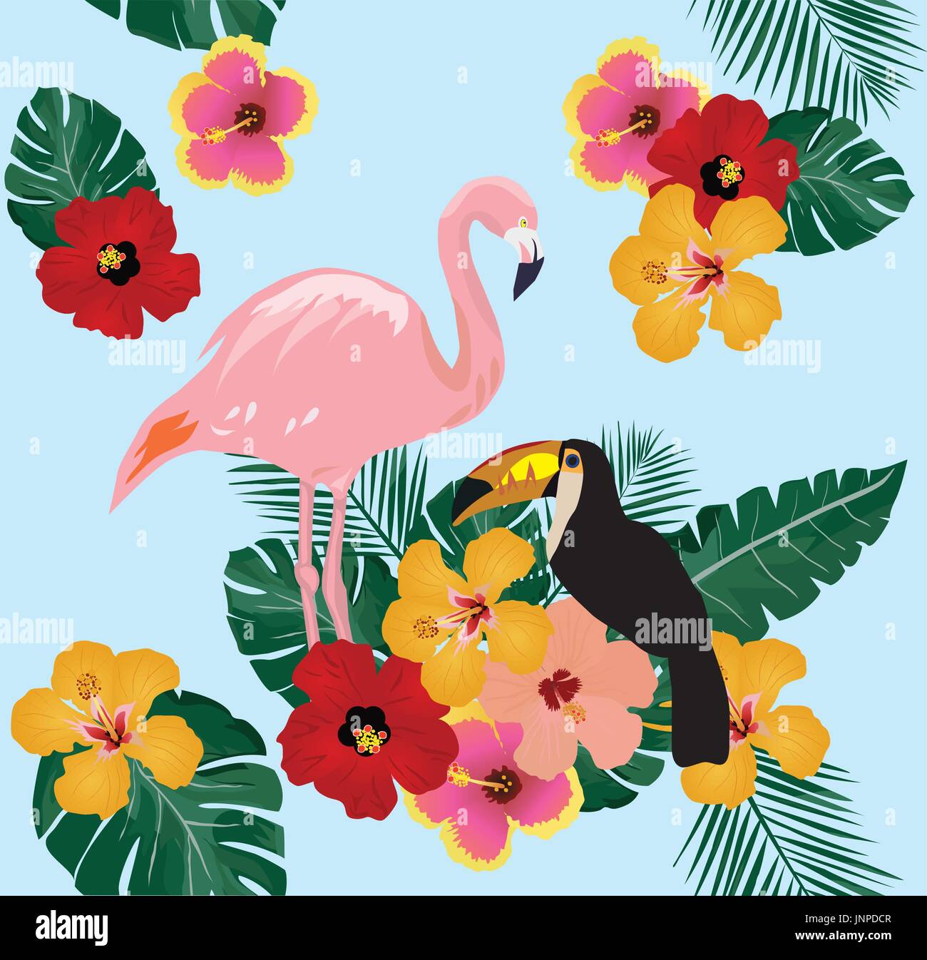 vector illustration of flamingo and tropical flowers background Stock ...