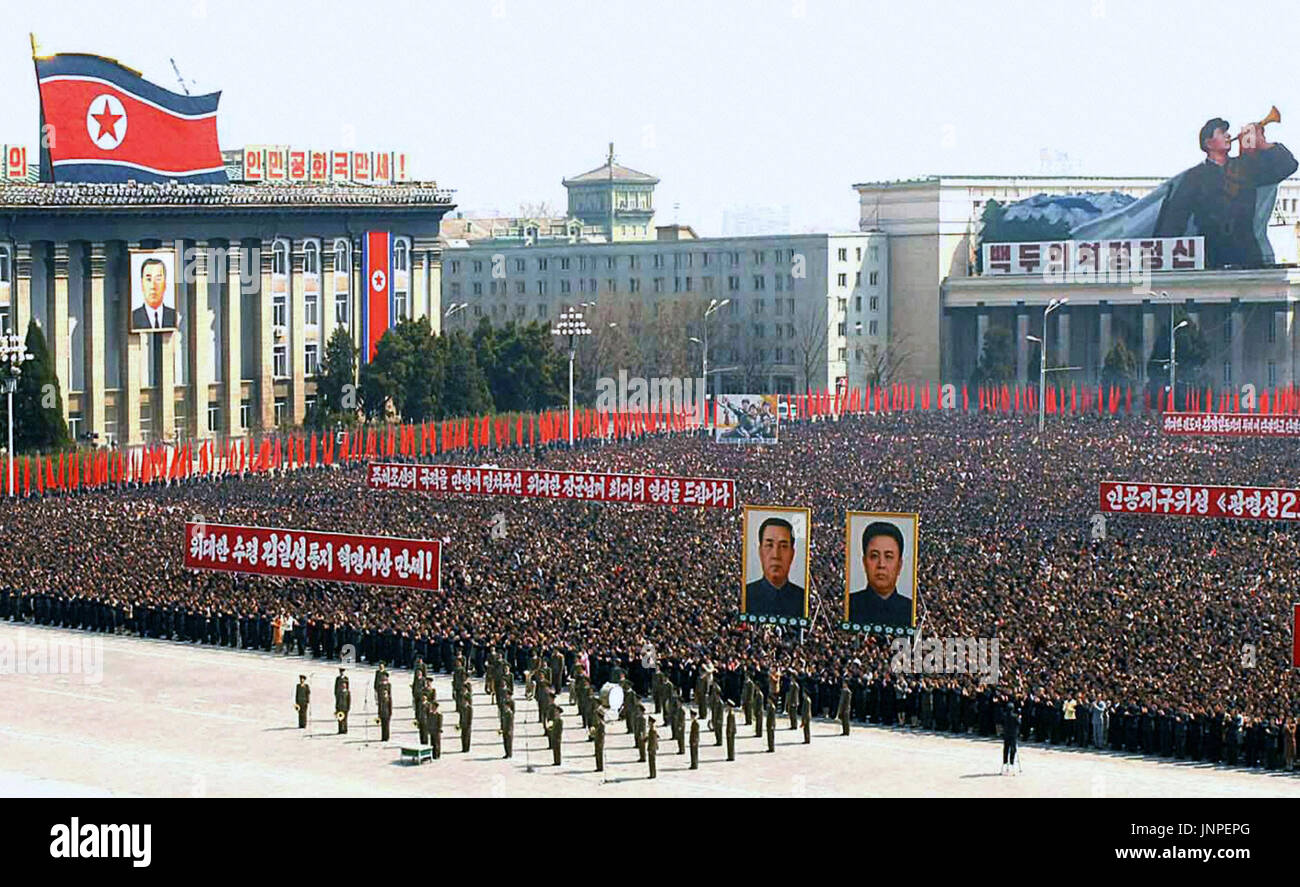 PYONGYANG, North Korea - A mass rally is held at Kim Il Sung Square in ...