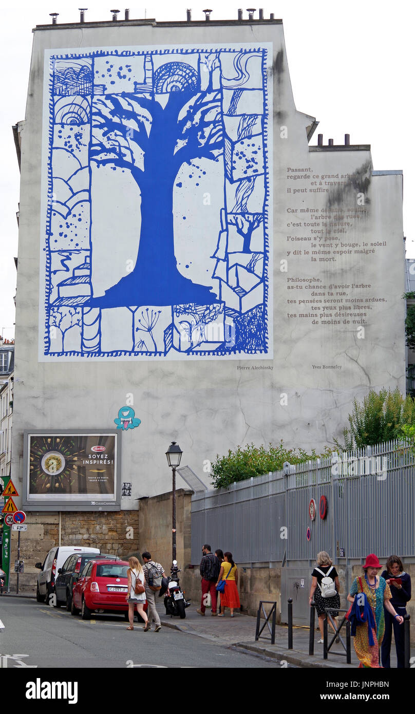 Large Mural, and poem, blue on white, central image semi-abstract tree in winter, surrounded by multiple smaller images, also nature-themed, Stock Photo
